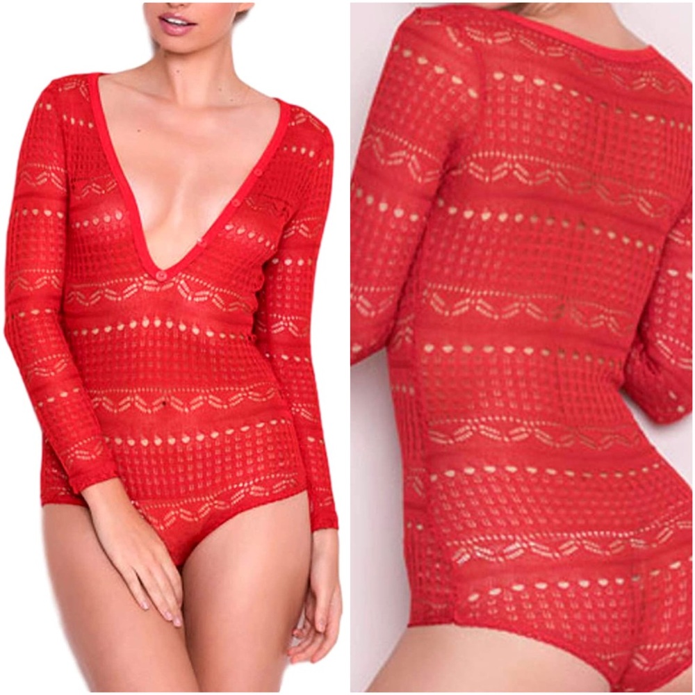 Red Crochet Henley Neckline Bodysuit